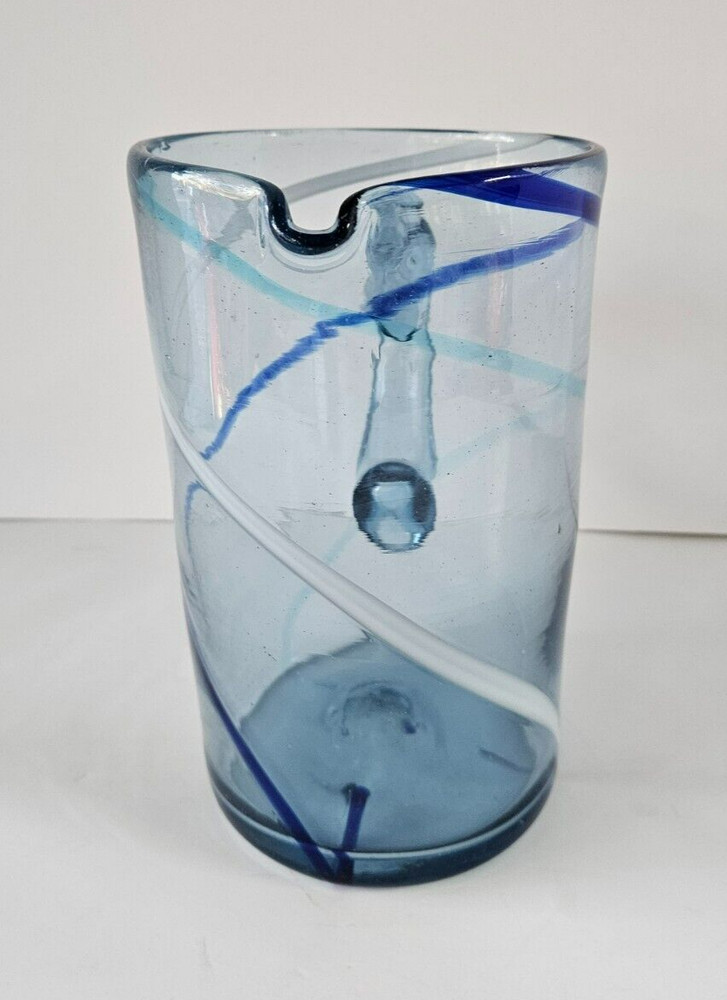 Mexico Hand Blown Glass Blue&White Swirl Pattern Pitcher