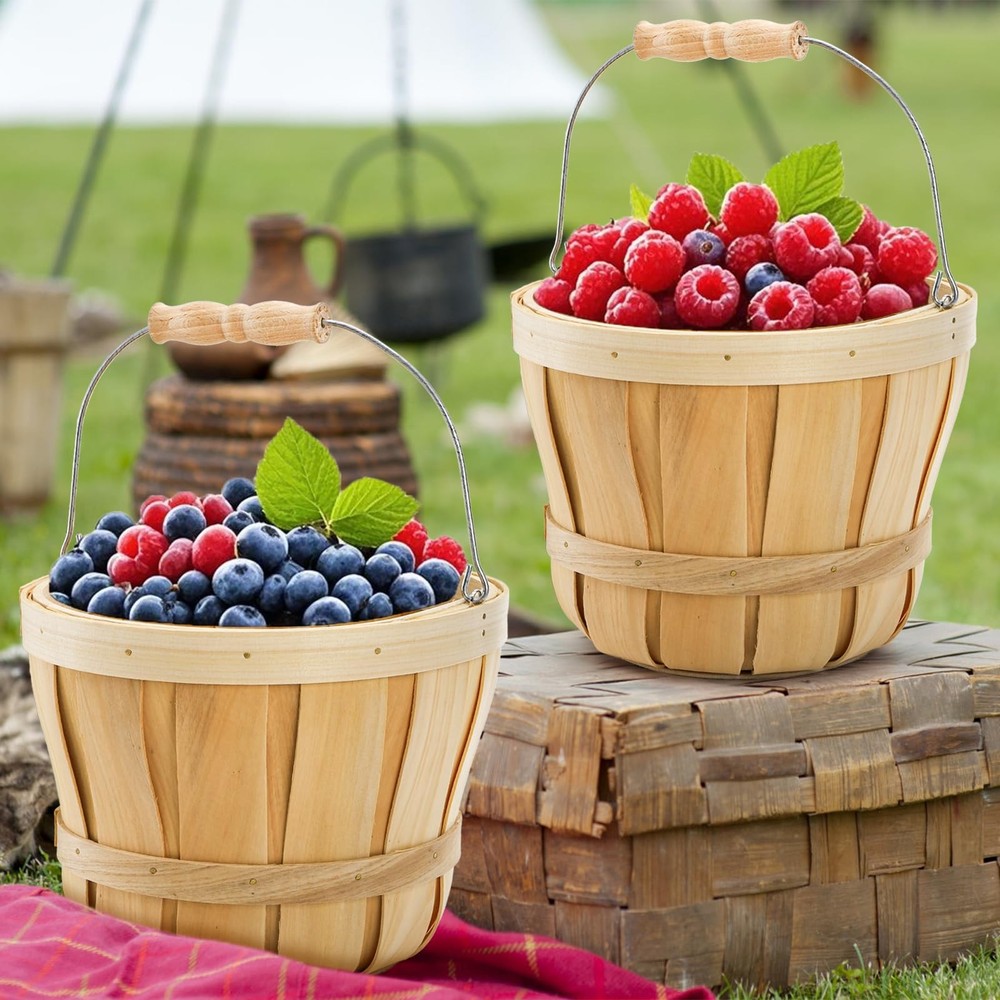 2 Pack Round Wooden Baskets With Handle Empty Fruit Buckets Natural Decor Bin