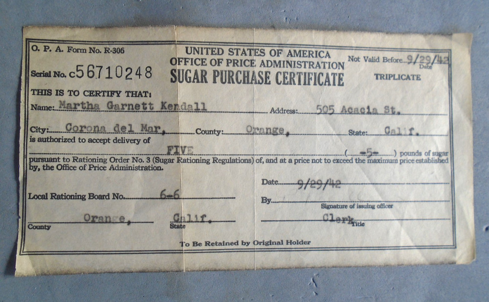 Sugar Purchase certifcate for five ponds sugar dated 9/29/42