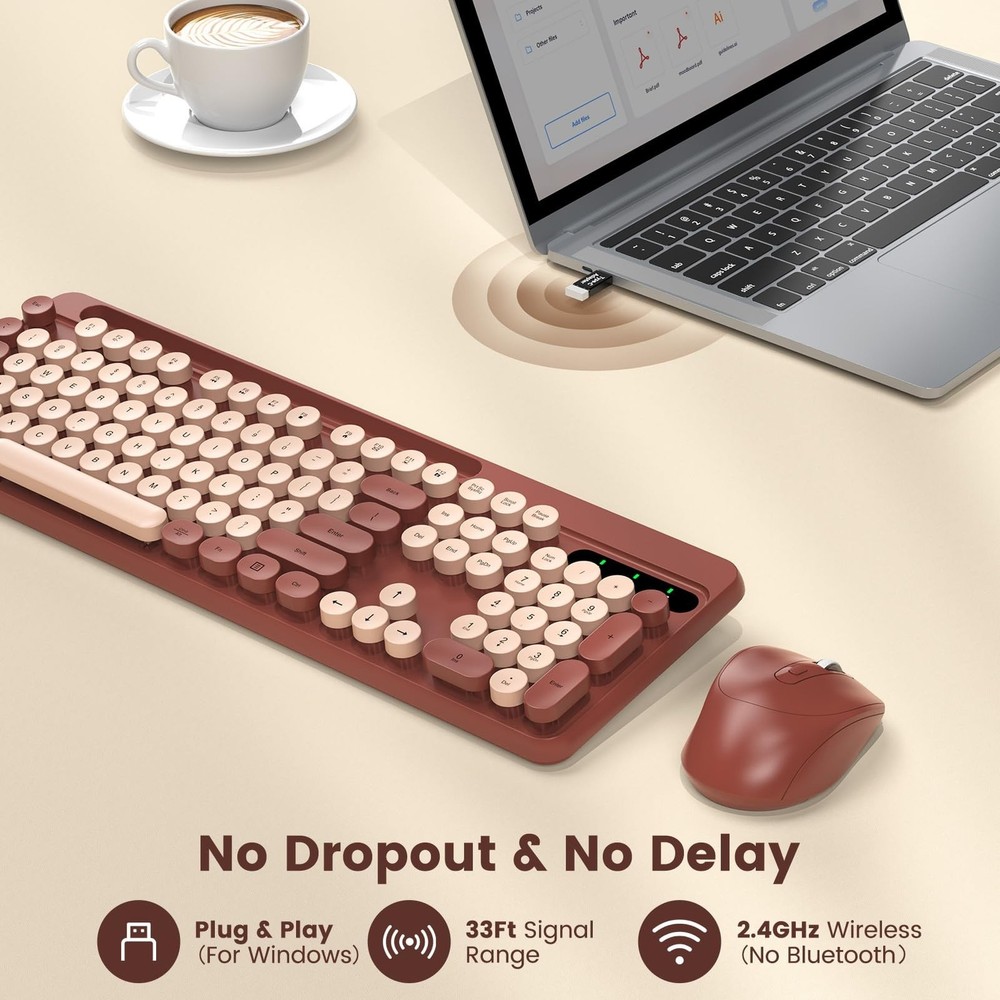 Wireless Keyboard and Mouse Combo, Retro Round Keycaps, Full-Size Stylish Typ...