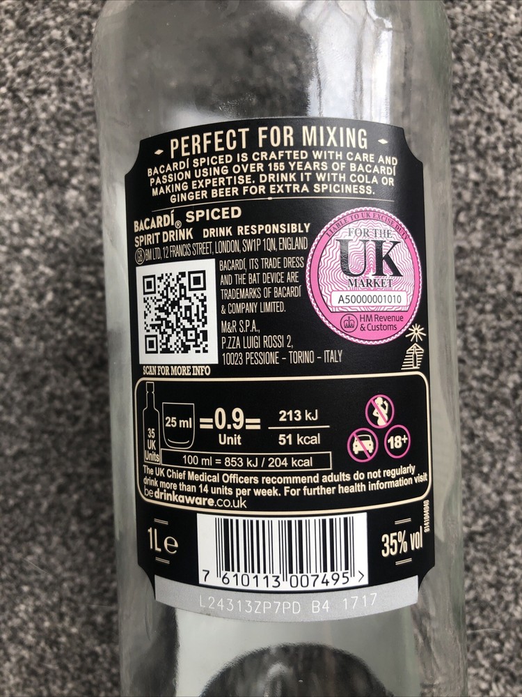 Empty Bacardi Spiced 1L Rum Bottle Upcycling