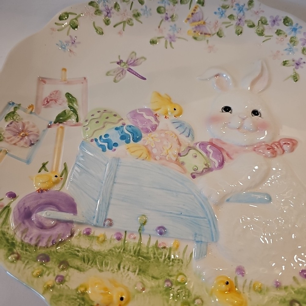 Scalloped Easter plate Crackle Effect Bunny Pushing Cart WithFlowers Eggs