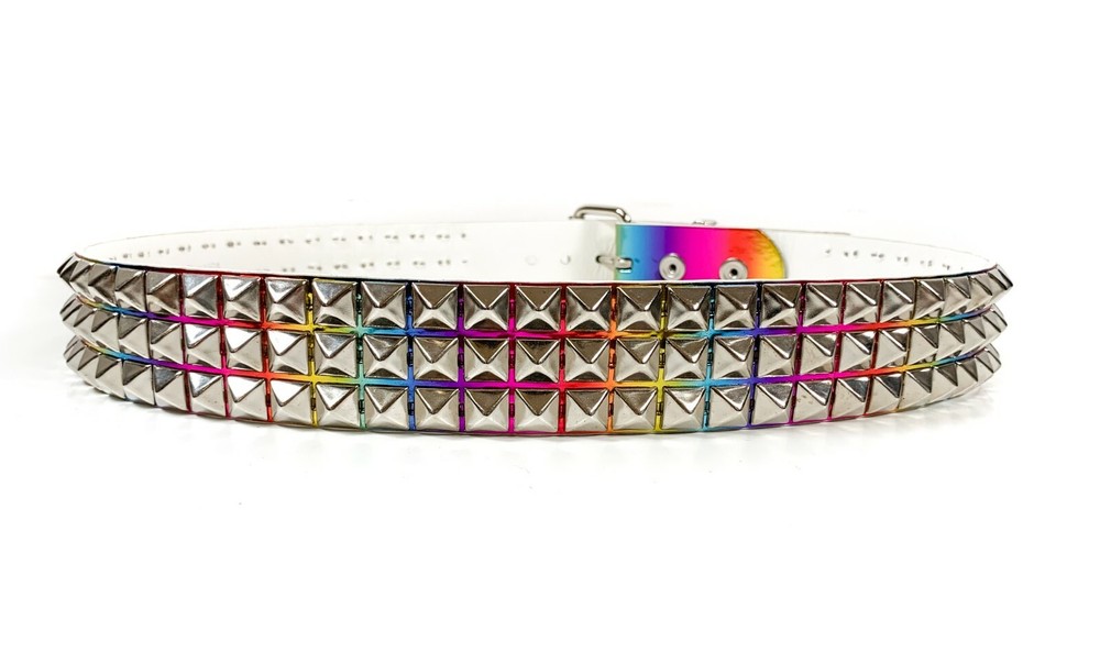Rainbow Three Row Pyramid Stud Belt Genuine Punk Goth Metal Funk Plus