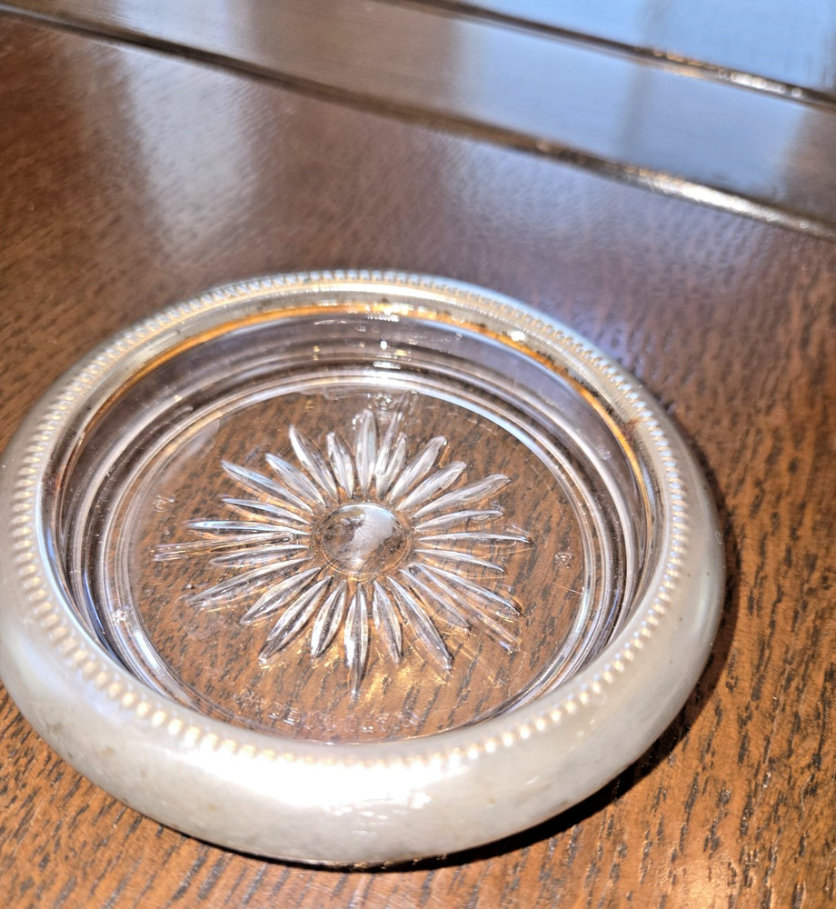 5 Silver-Plated Glass Coasters 4" Starburst Cut Beaded Edge VTG Barware