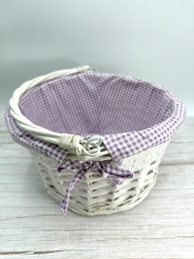 White Round Willow Woven Basket Purple Gingham Liner w/ Folding Drop-Down Handle