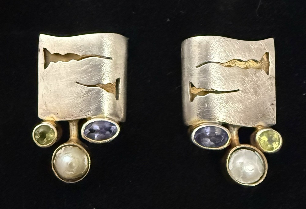 Vintage Modernist Sterling Silver Multi-Gemstone Earrings