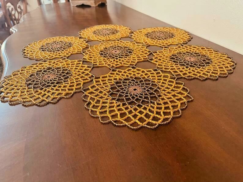 BROWN & ORANGE Handmade Crochet Beaded Doily 21”
