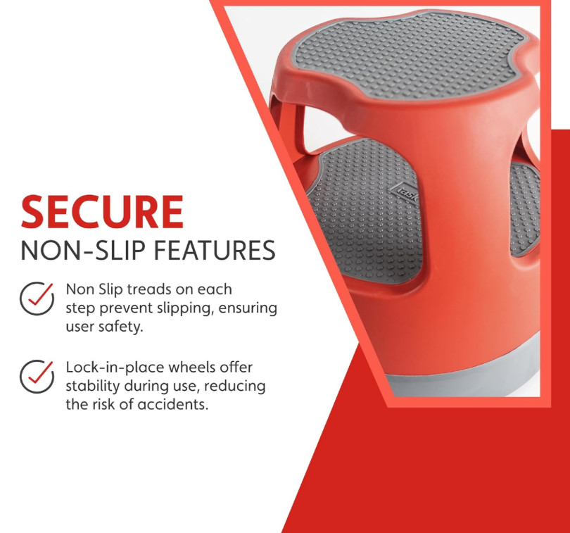 Cramer Scooter Stool 2-Step Rolling Step Stool 300 lb Red Plastic 16"