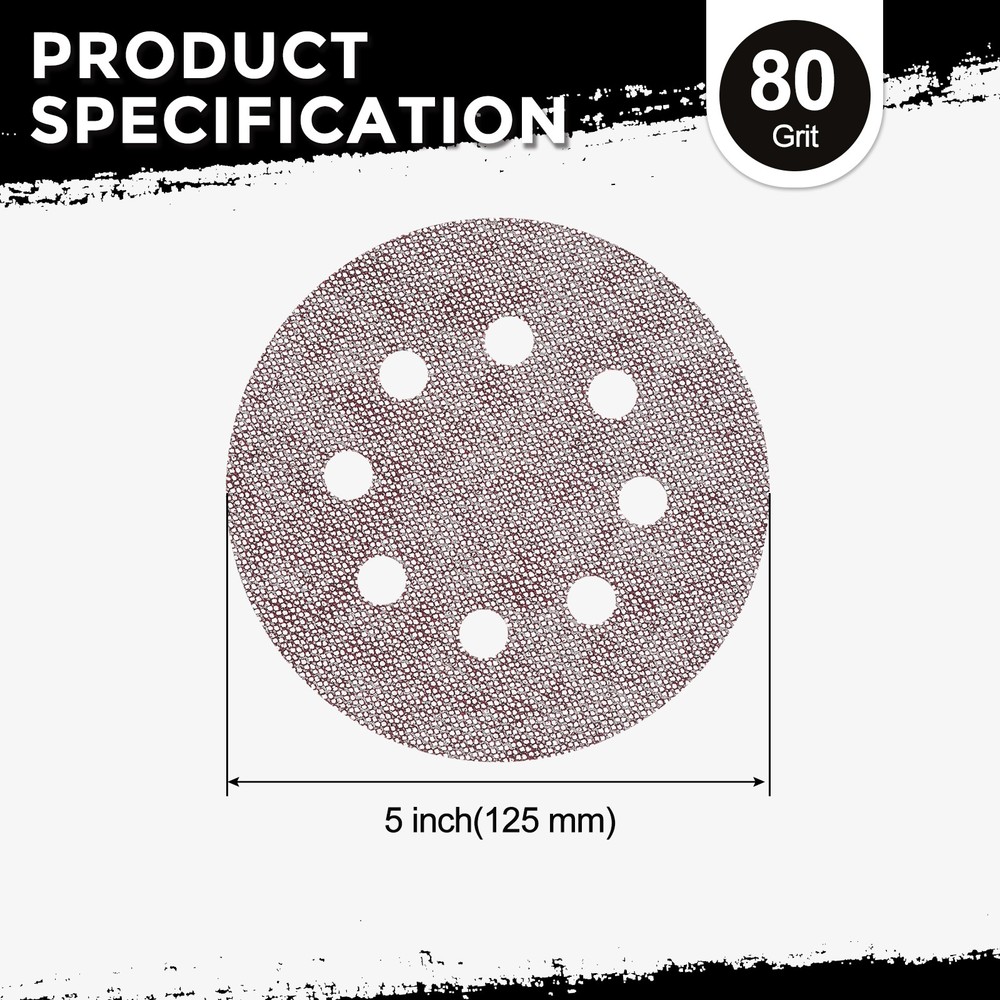 50 Pcs 5 Inch 80 Grit 8 Holes Hook and Loop Grid Sanding Discs