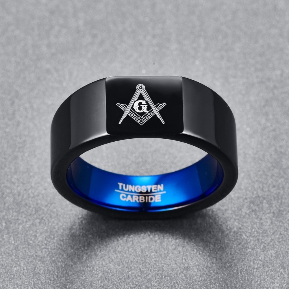 Black Tungsten Carbide Masonic Ring Men Freemason Wedding Ring Biker Blue Inside