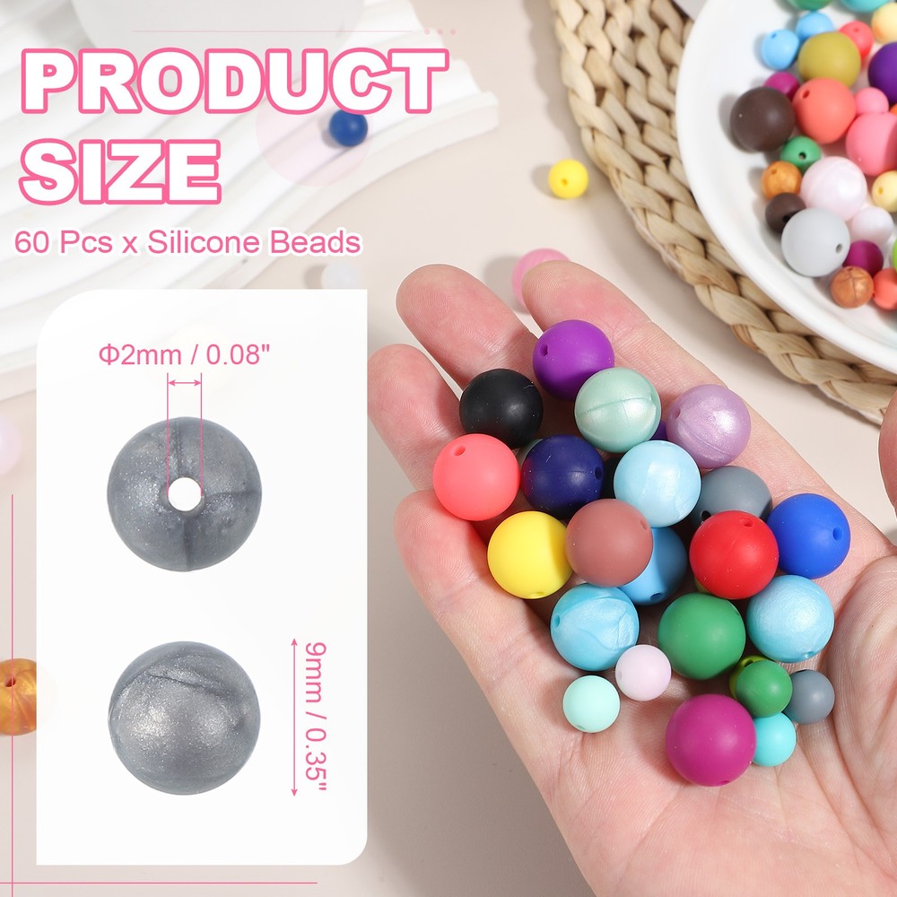 60 Pcs Silicone Beads, 9mm Bulk Beads for Keychain Making, Silver