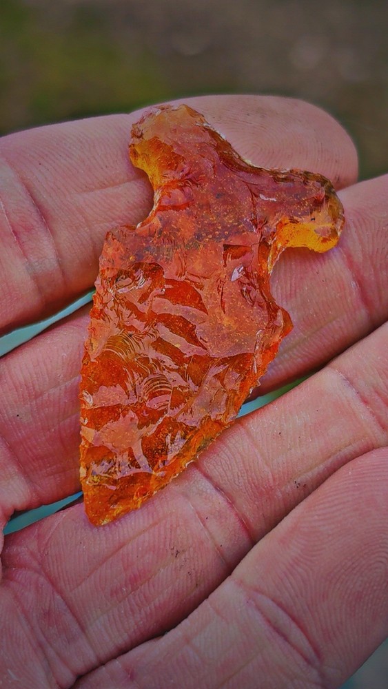 Flintknapped Fire Opalite Glass Big Sandy/ Side Notched Arrowhead, Beautiful
