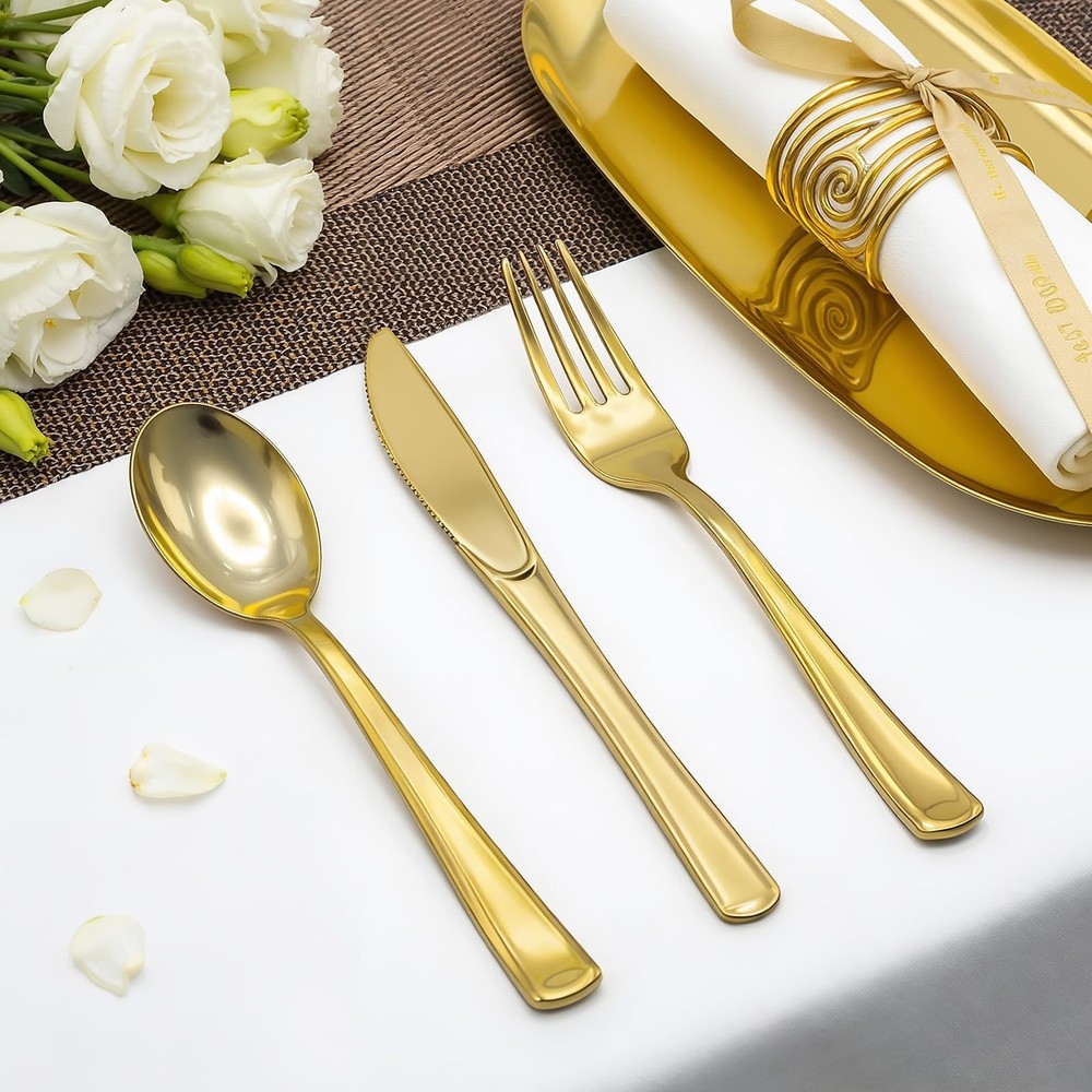 153 Pack Gold Plastic Silverware - Heavy Duty Gold Silverware Set - 51 Forks,...