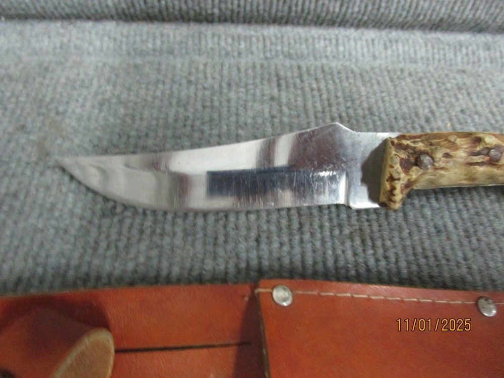 Antler Fixed Blade Handmade Knife w Leather Sheath