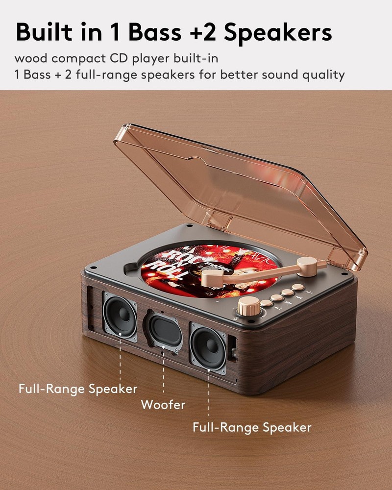 CARONSORT CD Player with Speakers Bluetooth Nostalgic Small, Walnut-Brown