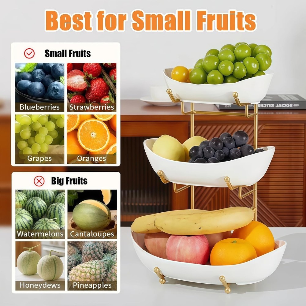 Ceramic Fruit Bowl for Kitchen Counter - 3 Tier Fruit Basket with Metal Stand