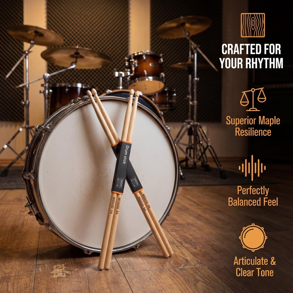WOGOD 5A Drum Sticks Maple Drumsticks (Two pair) Two pair, pair