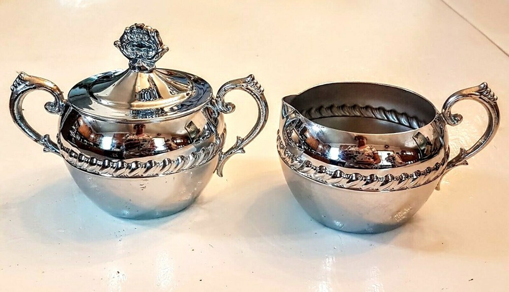 Chrome Scroll Pattern Creamer & Sugar Set MCM Farmhouse Kitchen VTG Granny Chic