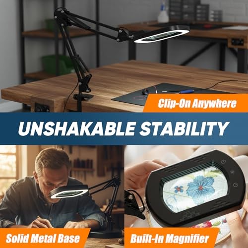 10X 30X Lighted Magnifying Glass with Stand & Clamp, 7" Large Rectangular Black