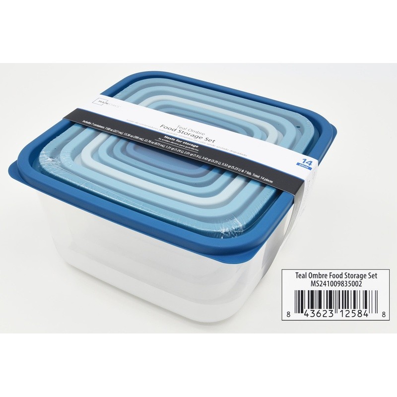 Plastic Food Storage Containers Set Stackable Nestable 14 Pieces Teal Ombre