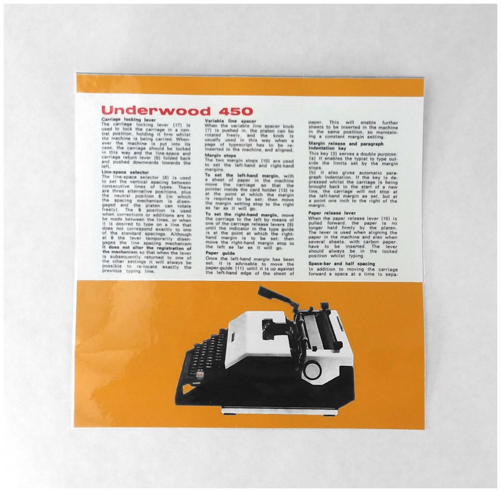 Underwood 450 Typewriter Owner's User Instruction Card Guide