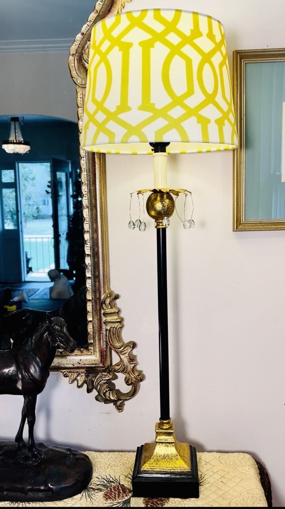 Pair 29 ‘ Buffet lamps Gold Brushed bases Bead fronts Yellowed Patterned Shades