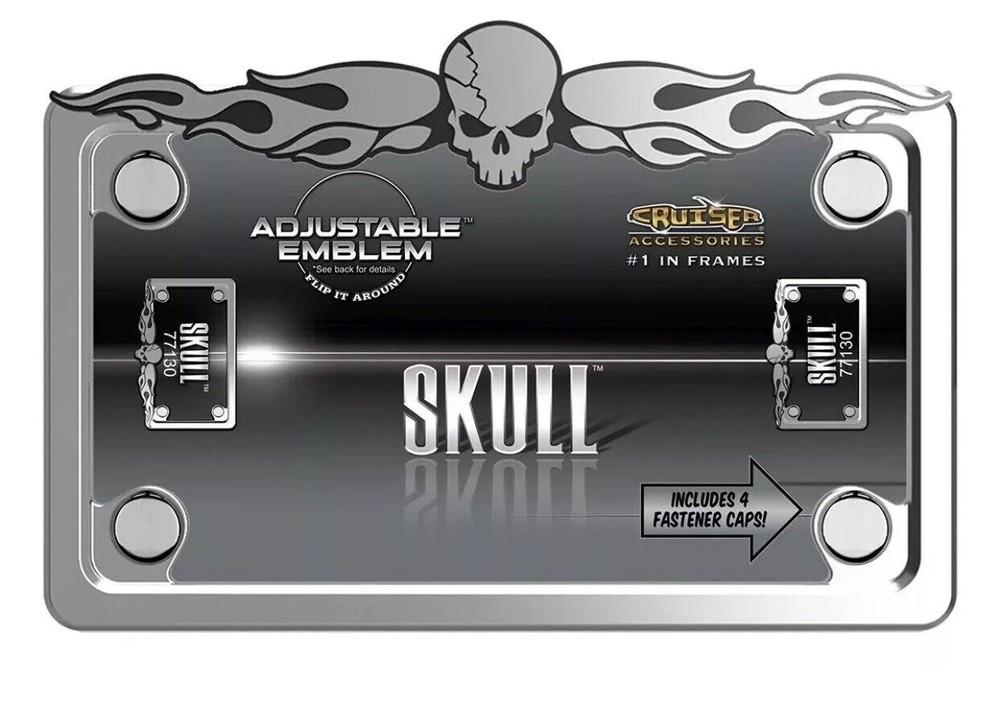 Skull With Caps Chrome Motorcycle License Plate Frame