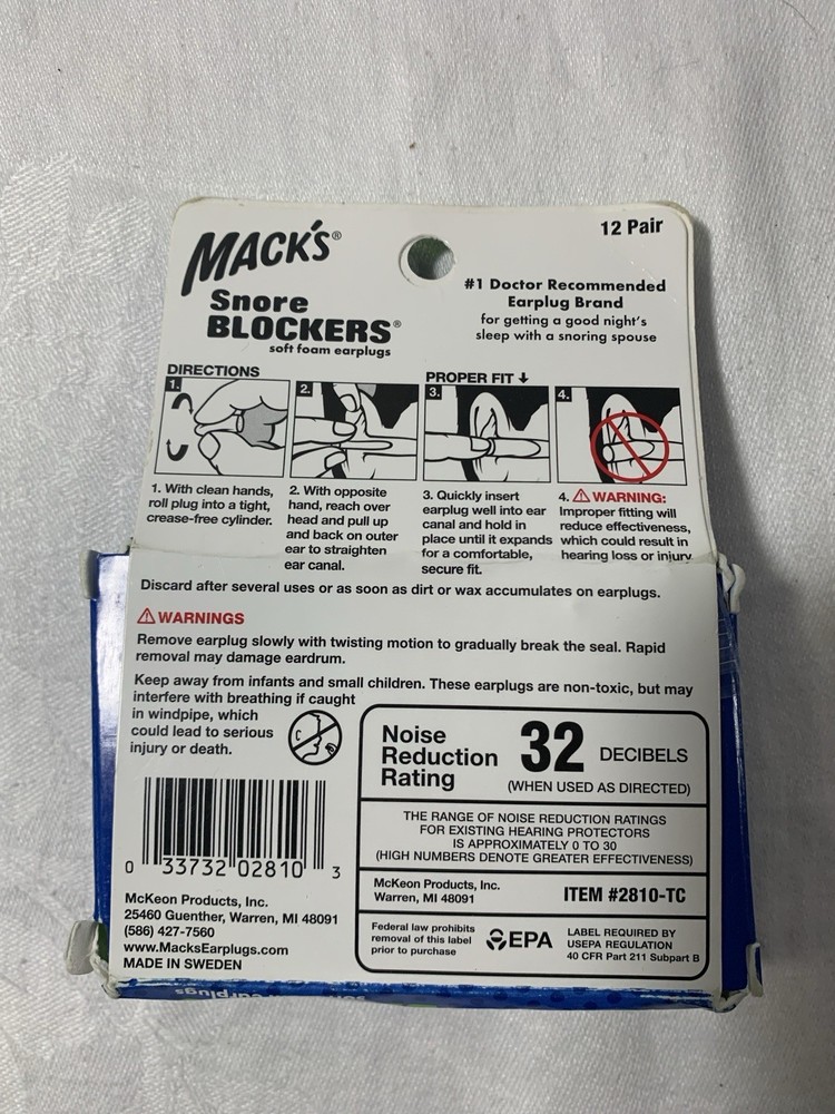 12 Pair Pack Mack's Snore Blockers Soft Foam Earplugs
