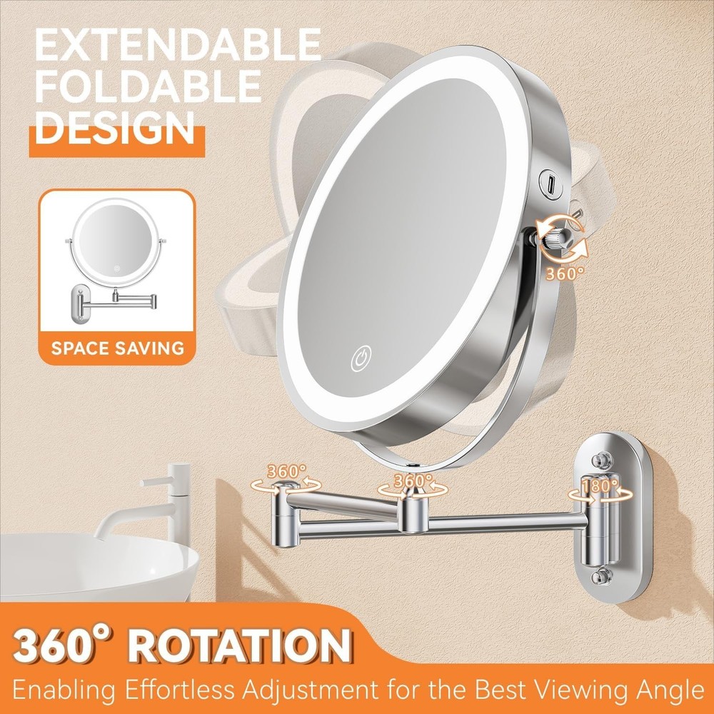 8'' Wall Mounted Lighted Makeup Mirror 1X/20X Magnifying Rechargeable Chrome