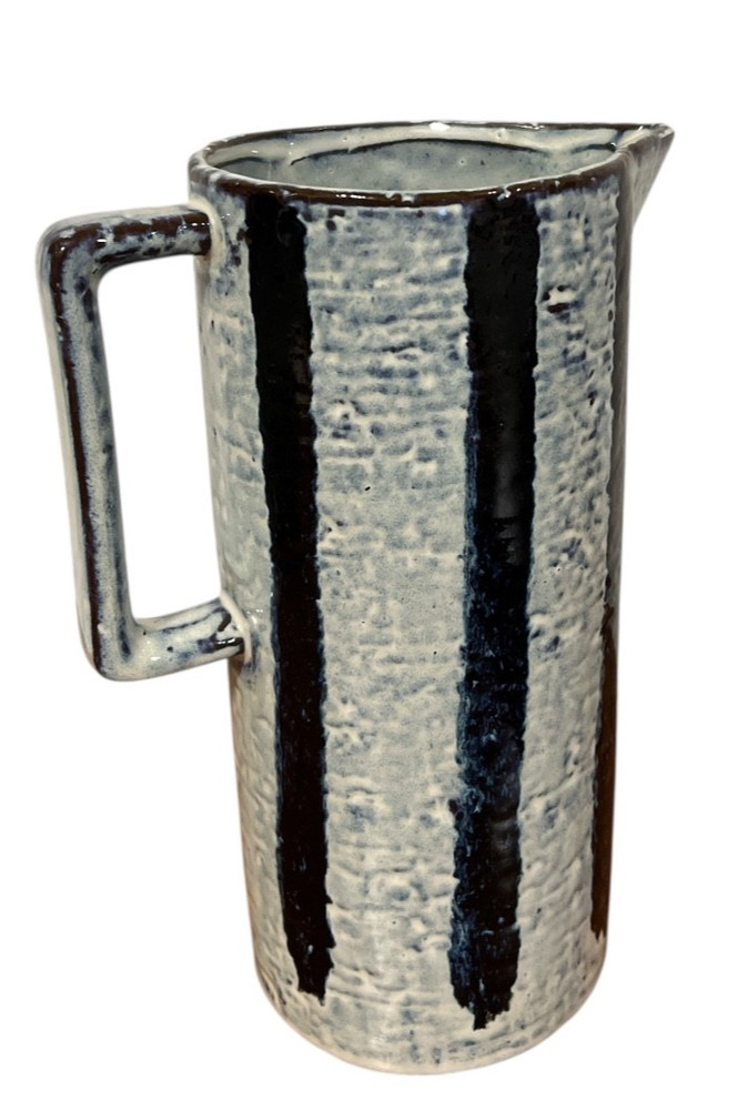 Mud Pie Pitcher 9" Blue Gray Stripe Ceramic Reactive Glaze Rustic Boho Farmhouse