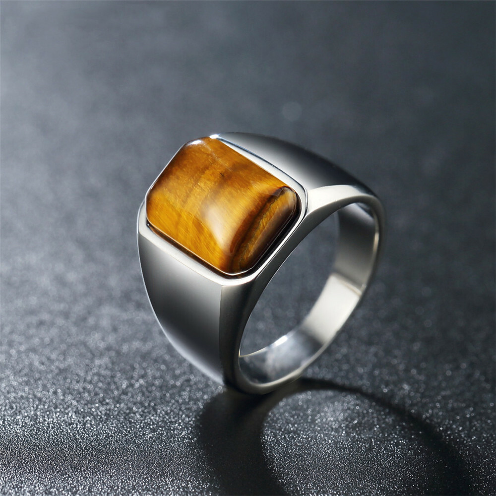 Man Real Stainless Steel Band Ring Solid Tiger's Eye Square Stone Ring Size 7-12