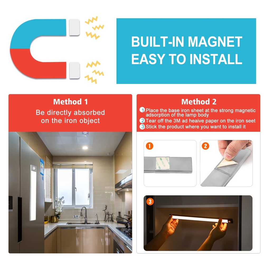 70-LED Motion Sensor Cabinet LightUnder Counter Closet Lighting Wireless USB ...