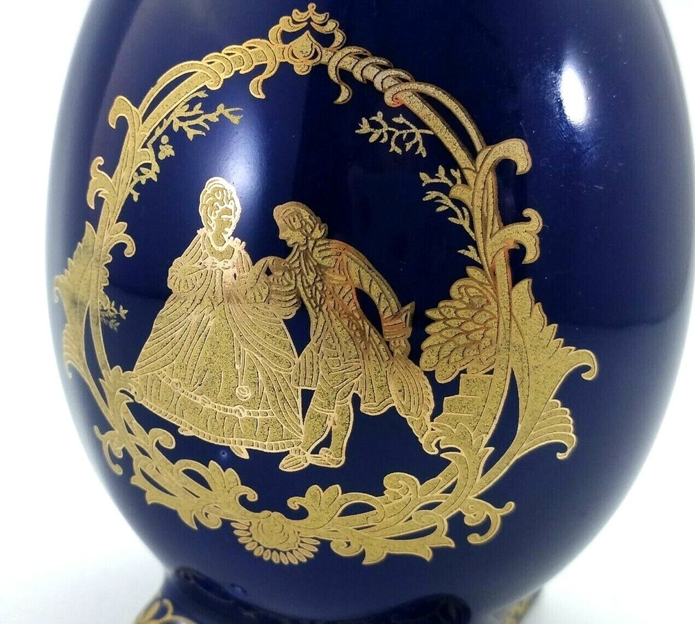 Vintage Footed Ceramic Egg Gold Painted Victorian Scene