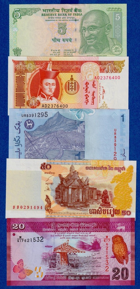 Asia Combo - 5 Diff. Notes from 5 Diff. Countries - India,Sri Lanka,Malaysia etc