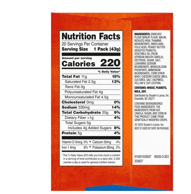 Sandwich Crackers Toastchee Peanut Butter 20 Individually Wrapped Packs