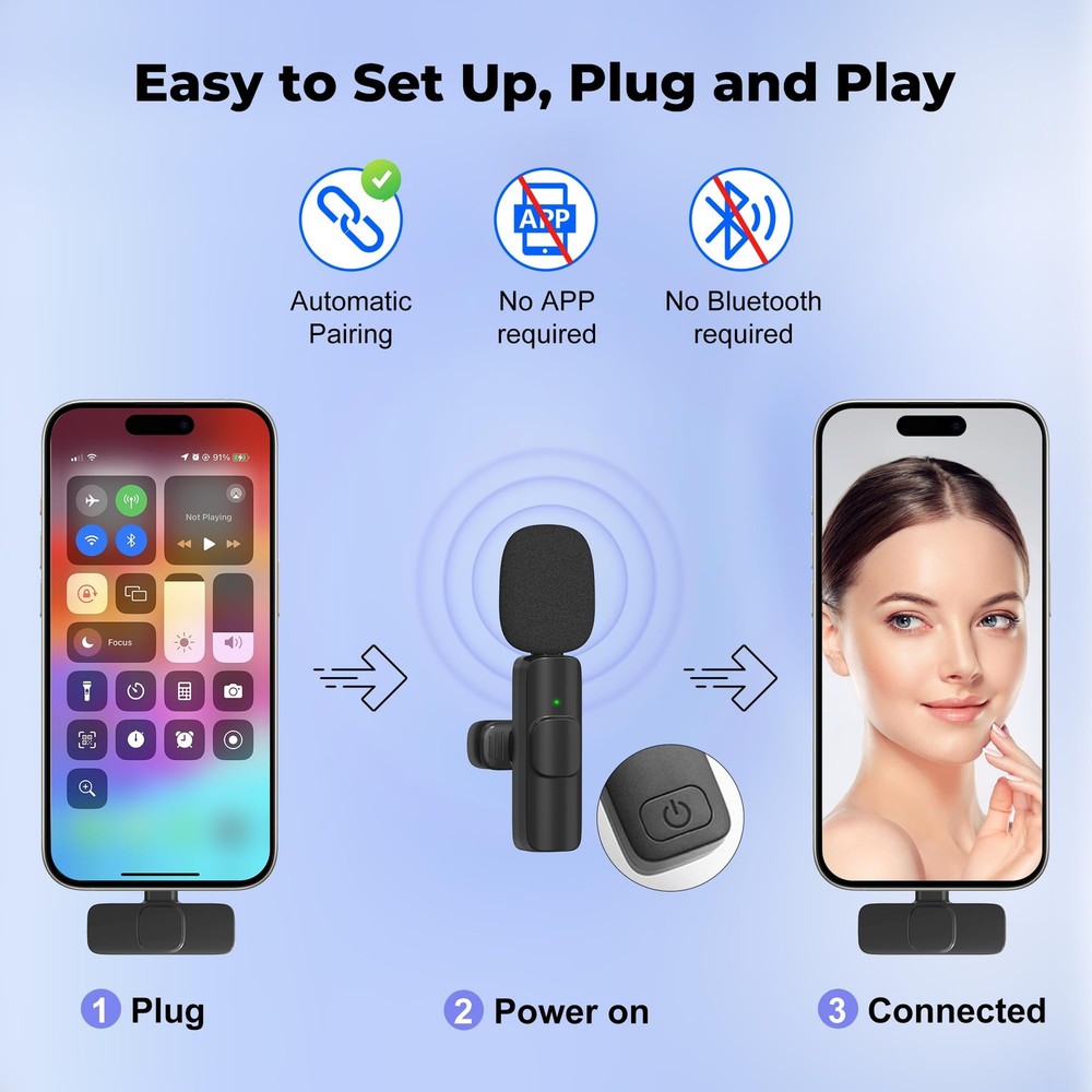 Wireless Microphone for iPhone, Android Wide Compatibility Noise Reduction Cl...