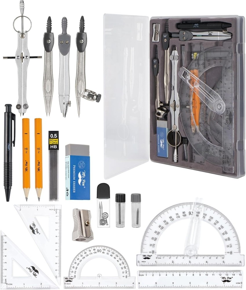 Compact 15-Piece Geometry Set with Protractor and Metal Compasses for Students