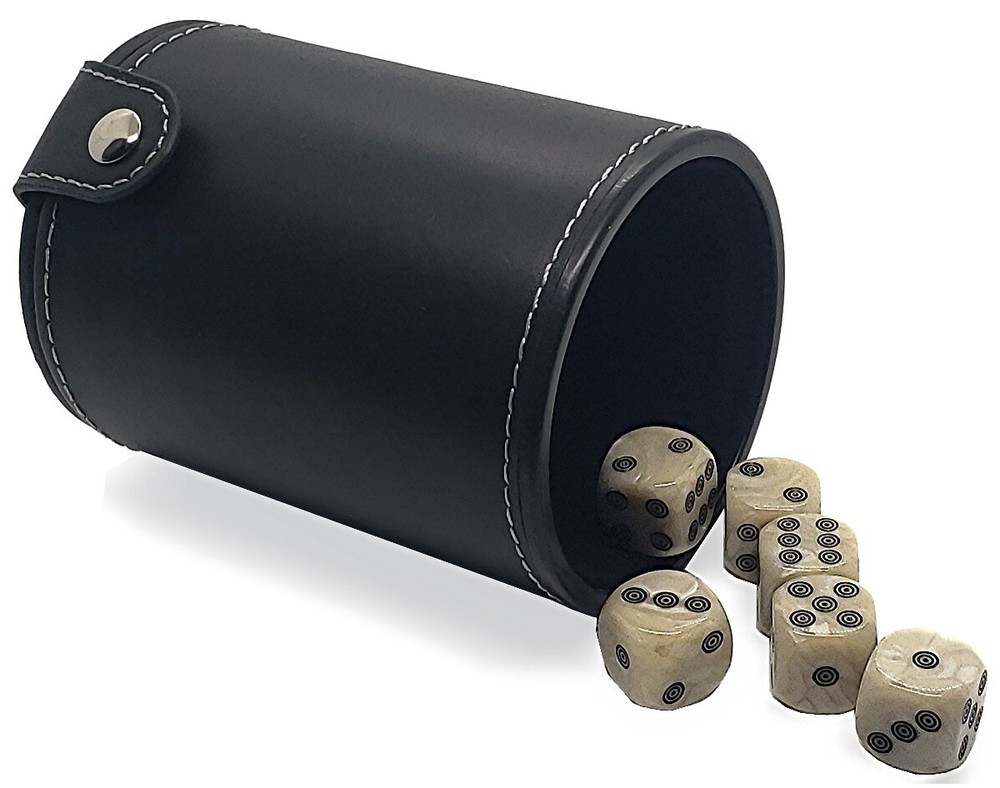 (6) Pearlized Dice Circles Pips + PU Leather Black Felt Lined Cup w/Compartment
