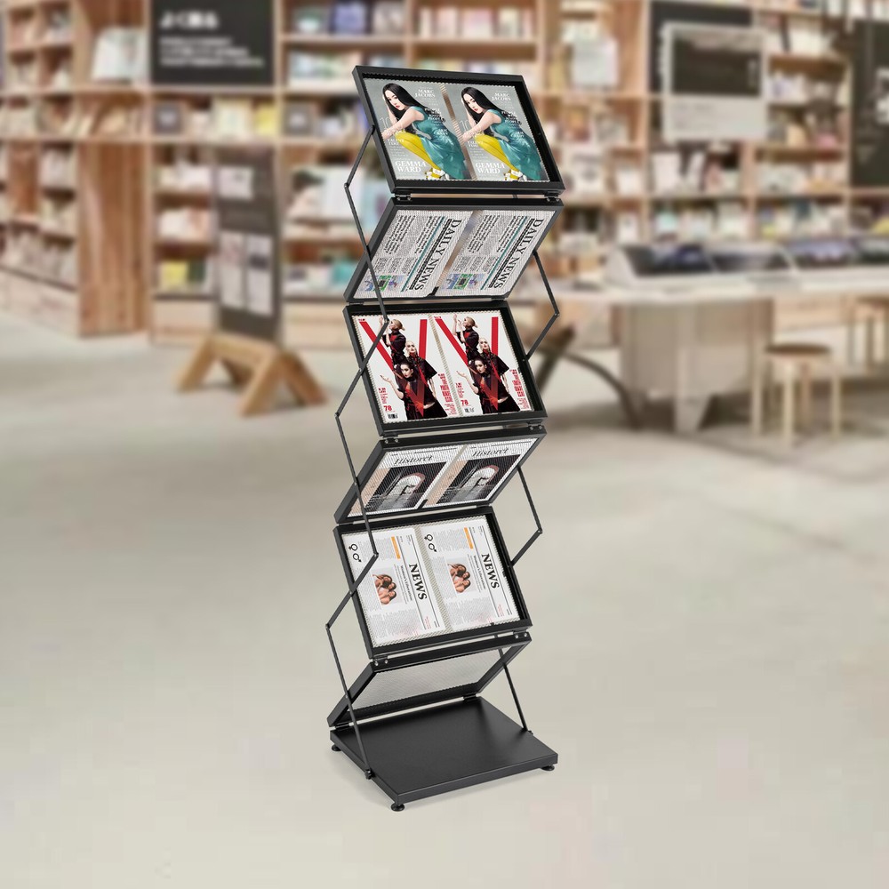 Magazine Rack Double A4 Width with 6 Pockets Magazine Display Stand Foldable