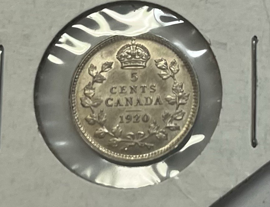 1920 canada 5 cents silver unc bu