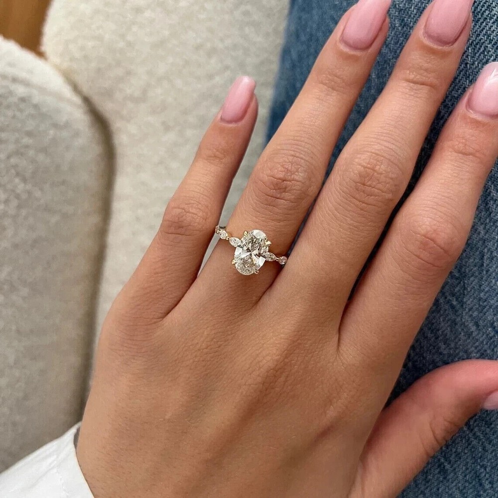 Solid In 14k Yellow Gold Oval Cut Lab Grown Diamond EF/VVS Ring Size 5.5