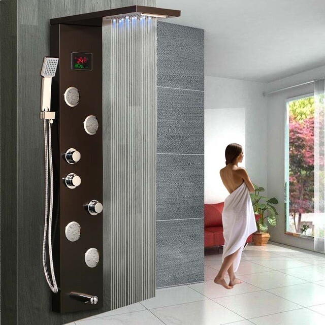 LED Shower Panel Black Shower Column Faucet Digital Body Massage System Jets