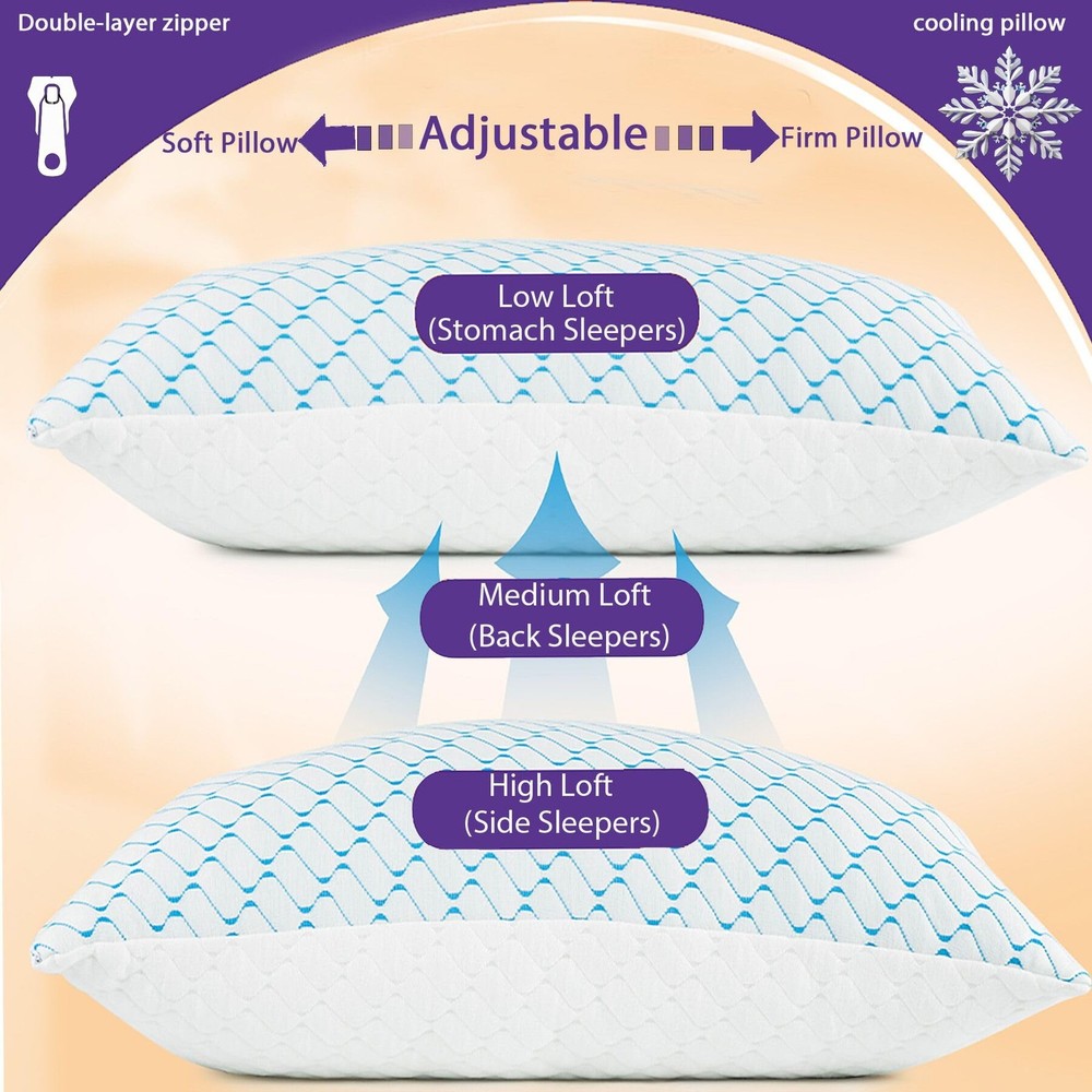 Memory Foam Pillows Queen Size Set of 2, Adjustable Cooling Pillow for Side B...