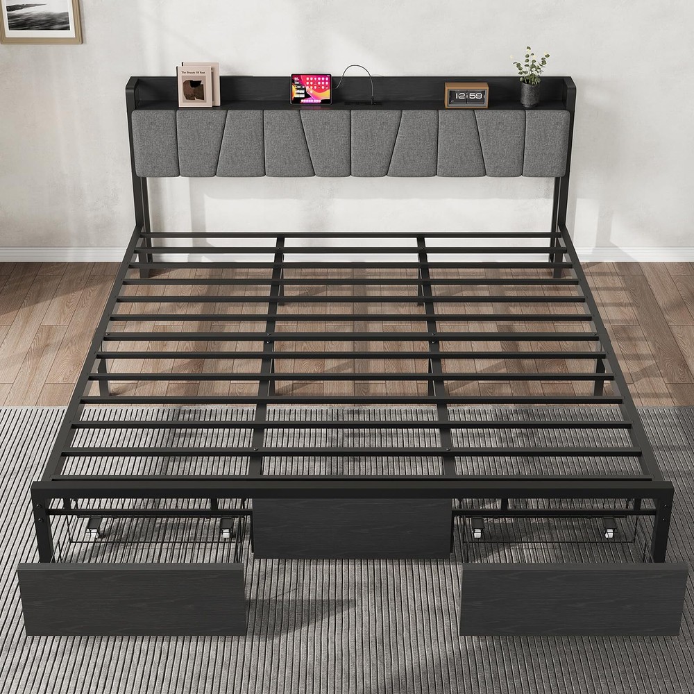 Full Size Bed Frame W/Storage Headboard Industrial Full Platform Bed W/2 Drawe