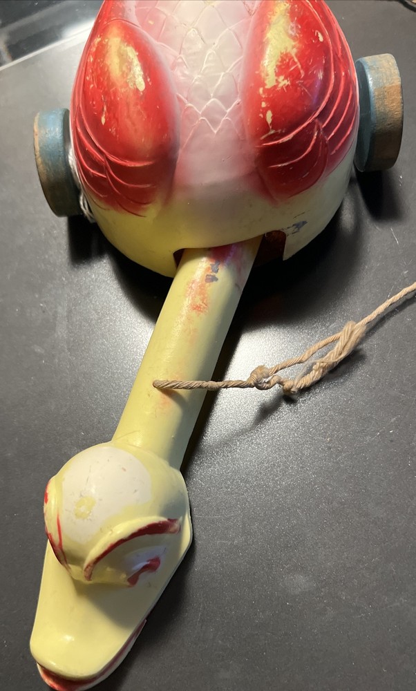 Vintage Pull Behind Duck, Metal Bottom, Wood Wheels, Noise Maker