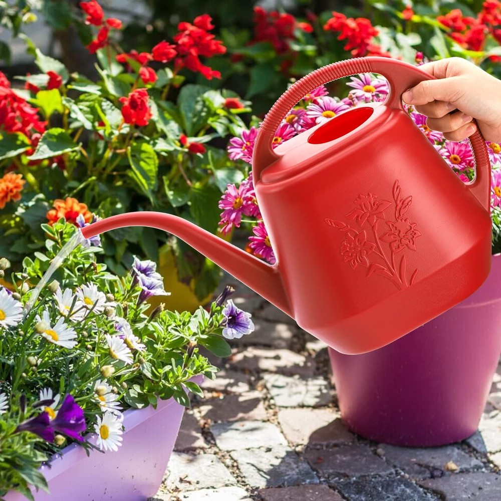 Fasmov 1-Gallon Plastic Watering Can with Comfortable Handle, Garden Red