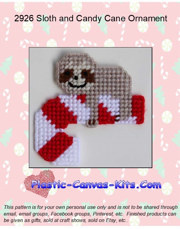 Sloth and Candy Cane Christmas Ornament- Plastic Canvas Pattern or Kit