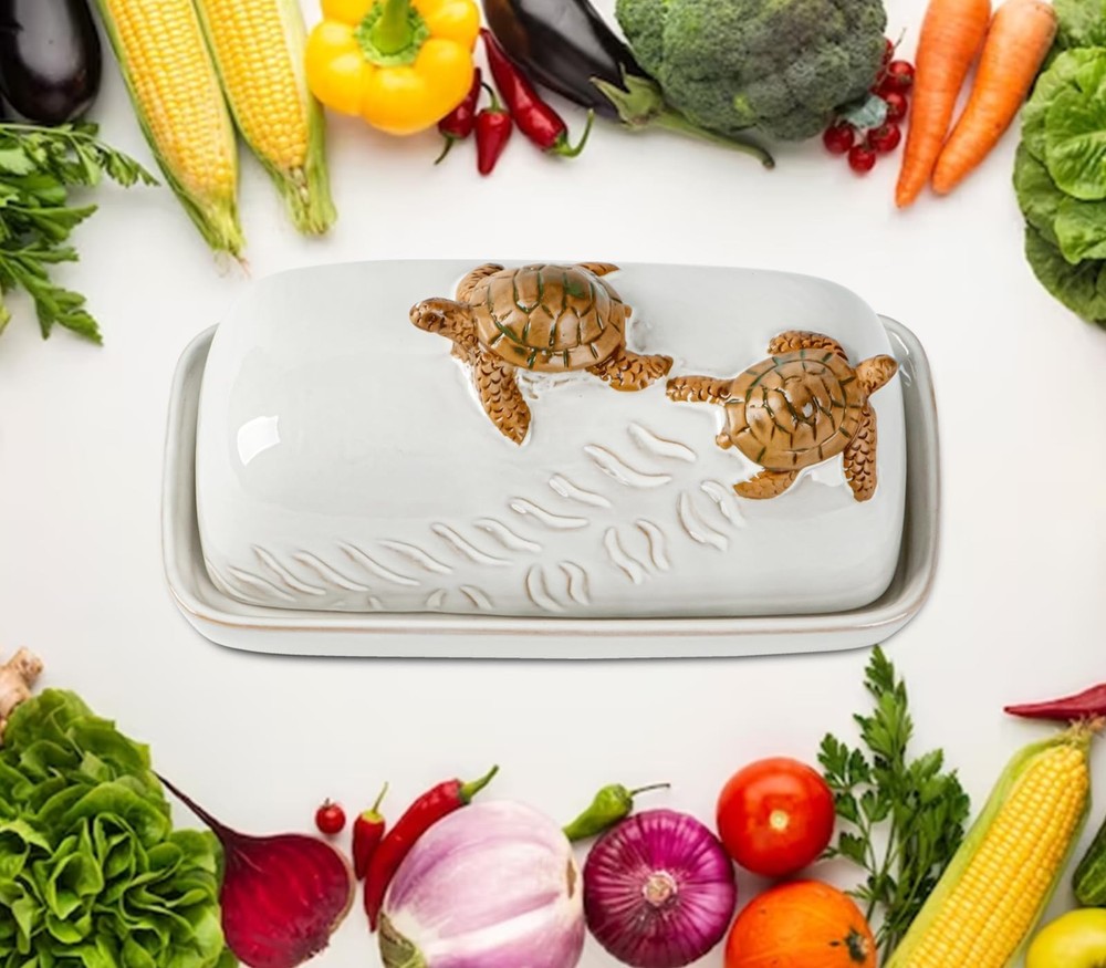 Turtle Stylish Ceramic Butter Dish Covered with Lid and Handle - Modern Count...