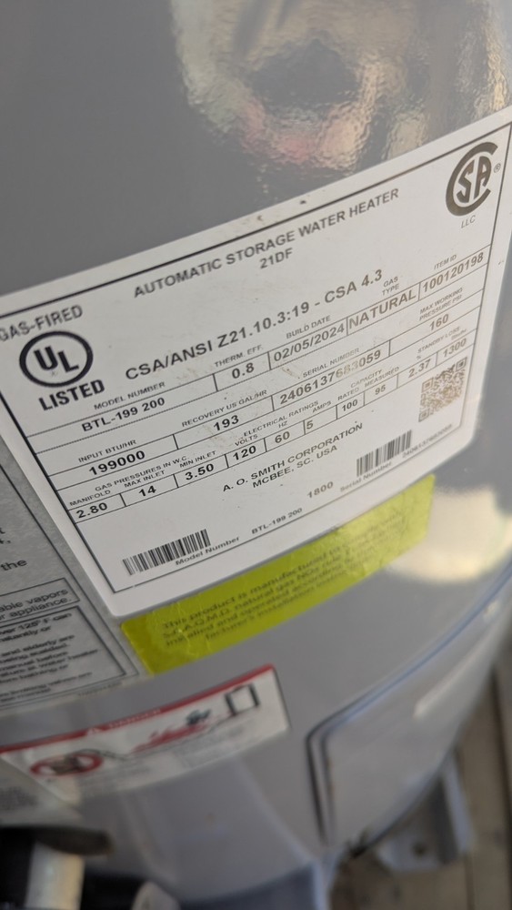 Ao Smith Btl-199 200 100 Gallon 250000 BTU Master -Fit Ultra Commerical Gas...