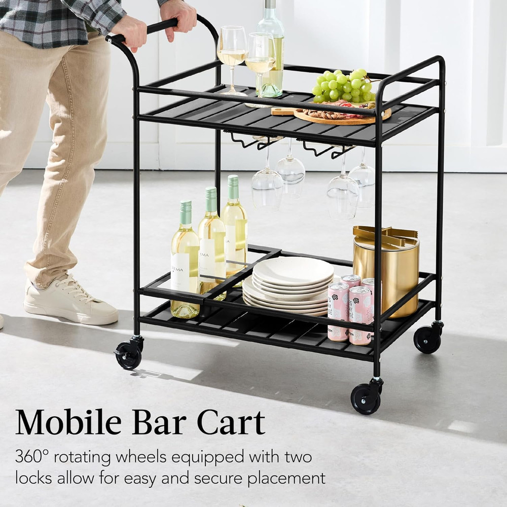 Stylish Rolling Bar Cart with Wine Rack & Lockable Wheels - Black